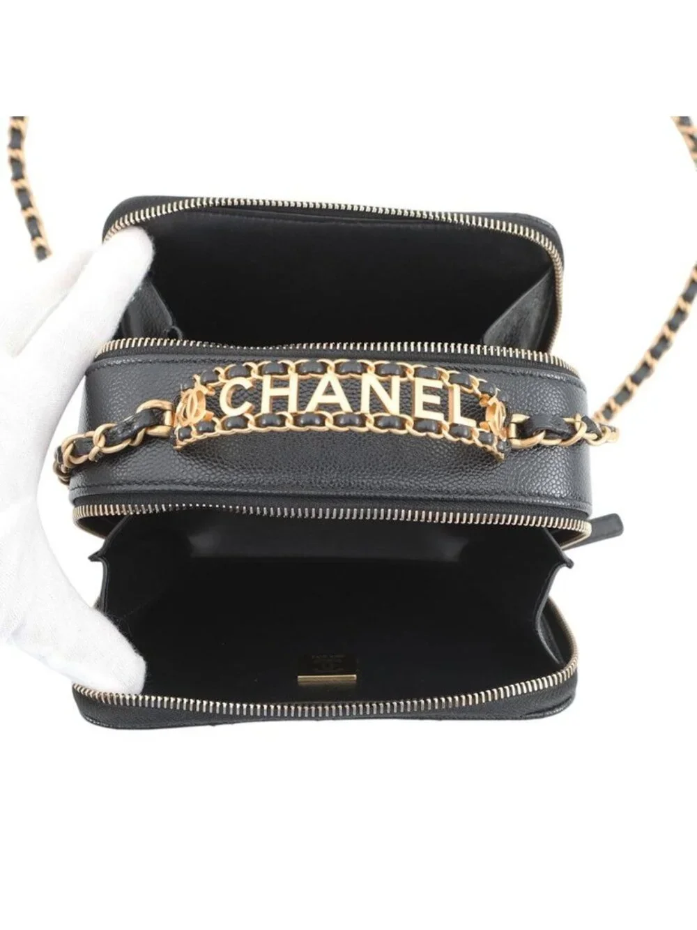 Chanel Chain Shoulder Bag CC Logo Quilted Vanity Top Handle Caviar Leather Black